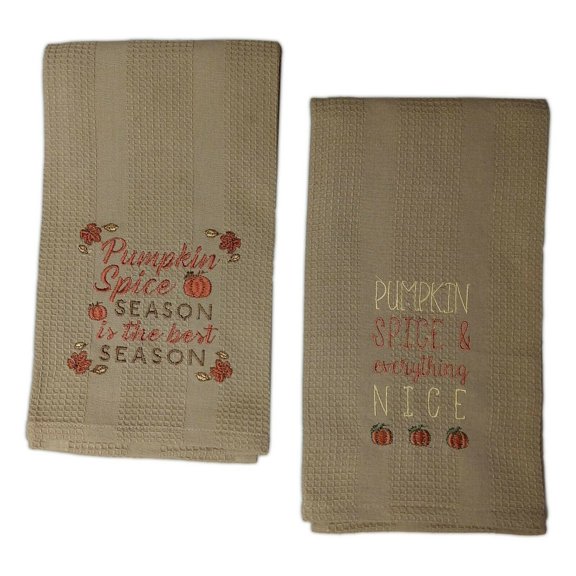 Set of 2 PUMPKIN SPICE Themed Waffle-Weave Embroidered Fall Kitchen Towels