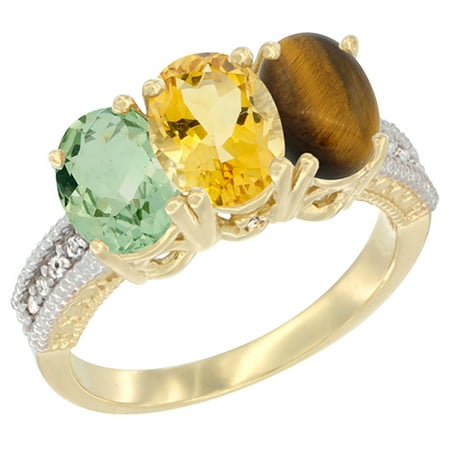 Citrine Tigers Eye Bracelet - 14K Yellow Gold Natural Green Amethyst, Citrine & Tiger Eye Ring 3-Stone 7x5 mm Oval Diamond Accent, sizes 5 - 10