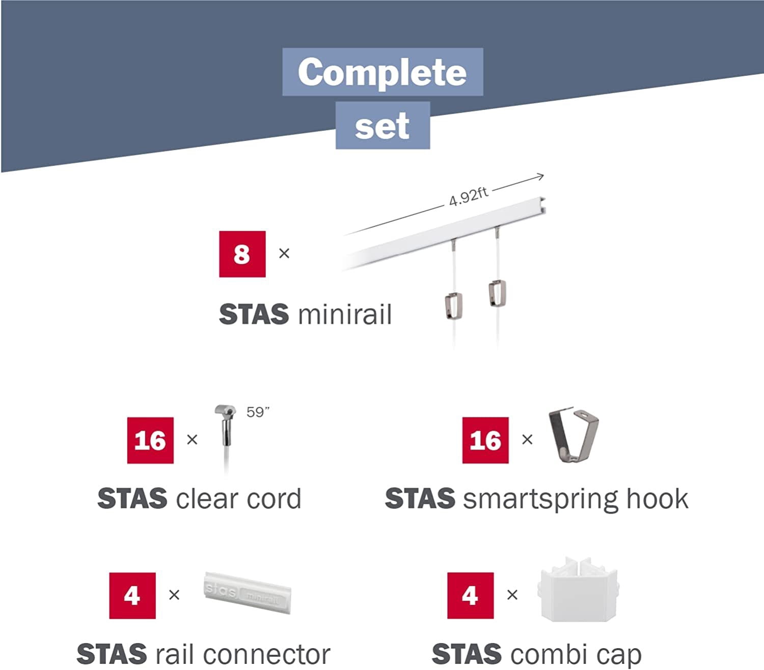 STAS Minirail Picture Hanging System Set - Covers 39.37 ft of Wall Space - Smallest Picture Rail & Art Hanging Gallery Kit for Art Display White Rails, Includes 16 Hooks & Cords