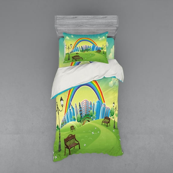 Ambesonne Colorful Bedding Set 3 Pcs, Rainbow Beams Flowers, Twin XL, Multicolor