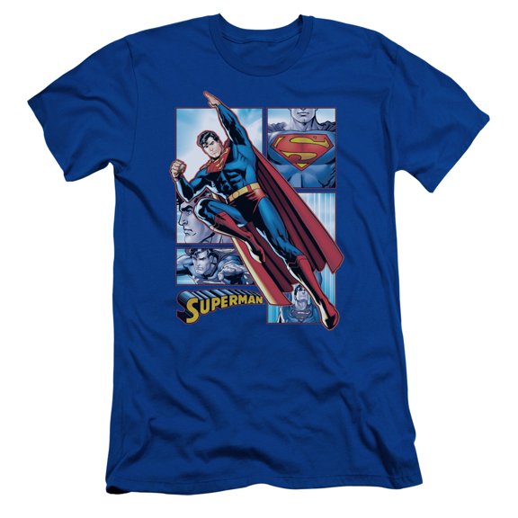 JLA Justice League Superman Panels S/S Adult 30/1 T-Shirt Royal Blue