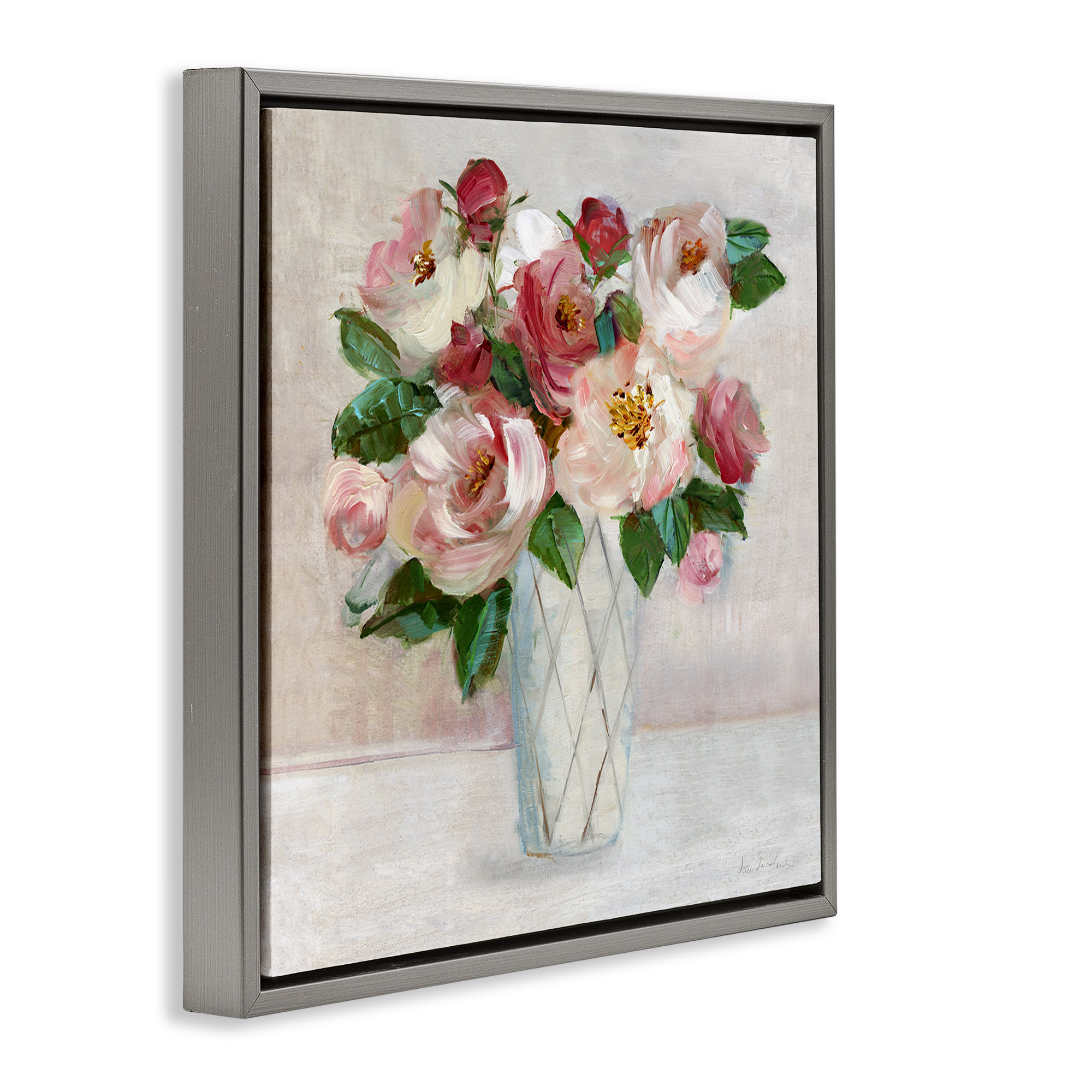 Stupell Industries Pink & Red Rose Bouquet Botanical & Floral Painting Gray Floater Framed Canvas Art Print Wall Art, 25 x 25