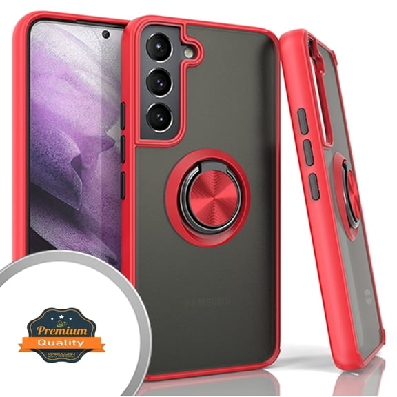 Xpression Case for Samsung Galaxy S22 Finger Ring Stand Holder Kickstand Hybrid Frosted Matte TPU Hard PC Frame Shock-Absorption Ultra Thin Phone Cover [Red]