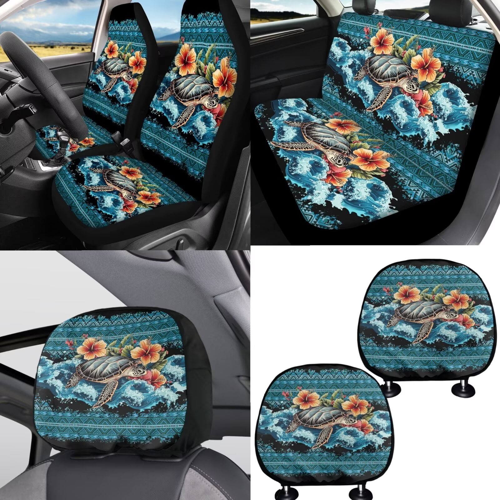 FKELYI Aztec Hibiscus Flower Turtle Print Car Seat Covers Full Set with Steering Wheel Cover Seat Belt Covers Headrest Covers Auto Center Console Pad Gear Shift Knob Sleeve Cup Coasters, 16 Pcs