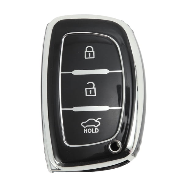 Funda de Llave de Auto de Silicona TPU - Negra Inteligente con Borde Plateado para Hyundai i10, i20, i25, i30, i40, ix20 - 3 Botones Control Remoto
