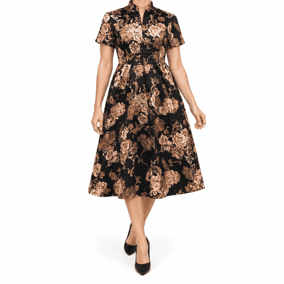 Women's Vintage Gold Peony Satin Midi Dress Mandarin Collar Short Puff Sleeve Hidden Pockets A-Line Dress