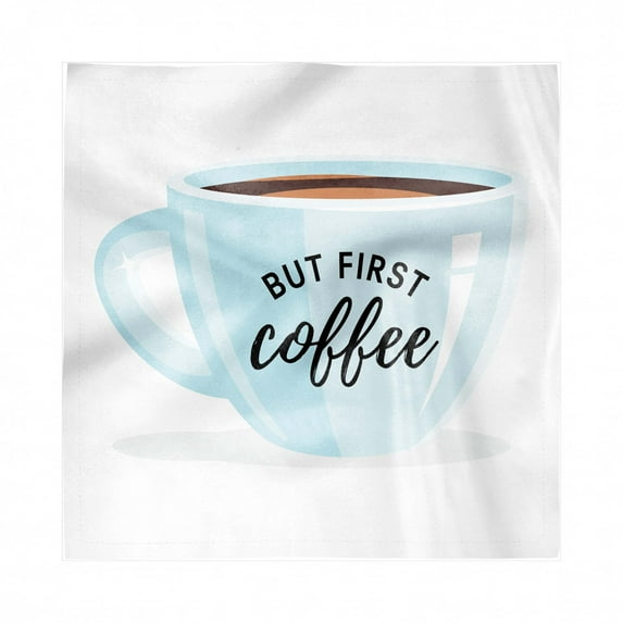 But First Coffee Decorative Napkins Set of 4, Image of a Single Cup with Calligraphy on a Plain Background, Silky Satin Fabric for Brunch Dinner Party, 18", White Pale Blue Ginger, by Ambesonne