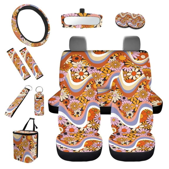 KUIFORTI Hawaiin Hippie Flower 13 PCS Car Seat Cover Set Seat Covers Steering Wheel Cover Seatbelt Covers Keychain Lipstick Protector Cup Coasters Car Trash Can Rear View Mirror Cover