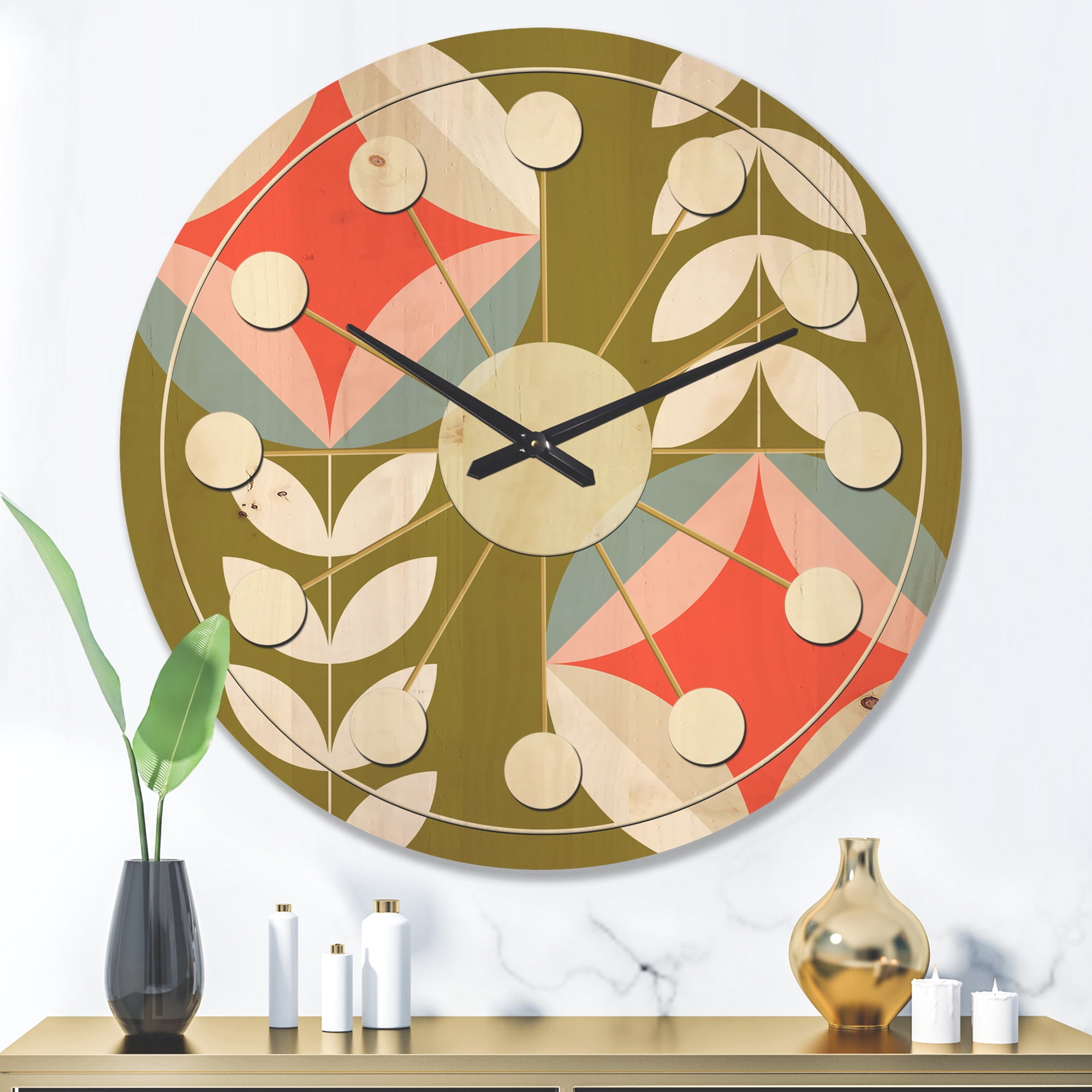Designart 'Botanical Retro Pattern I' Mid-Century Modern Wood Wall Clock