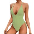 thumbnail image 2 of ylioge Womens Deep V Neck Swimsuits Tankini One-Piece Backless Bathing Suits Ladies Solid Ribbed Side Drawstring Built in Bras Swimsuit, 2 of 4
