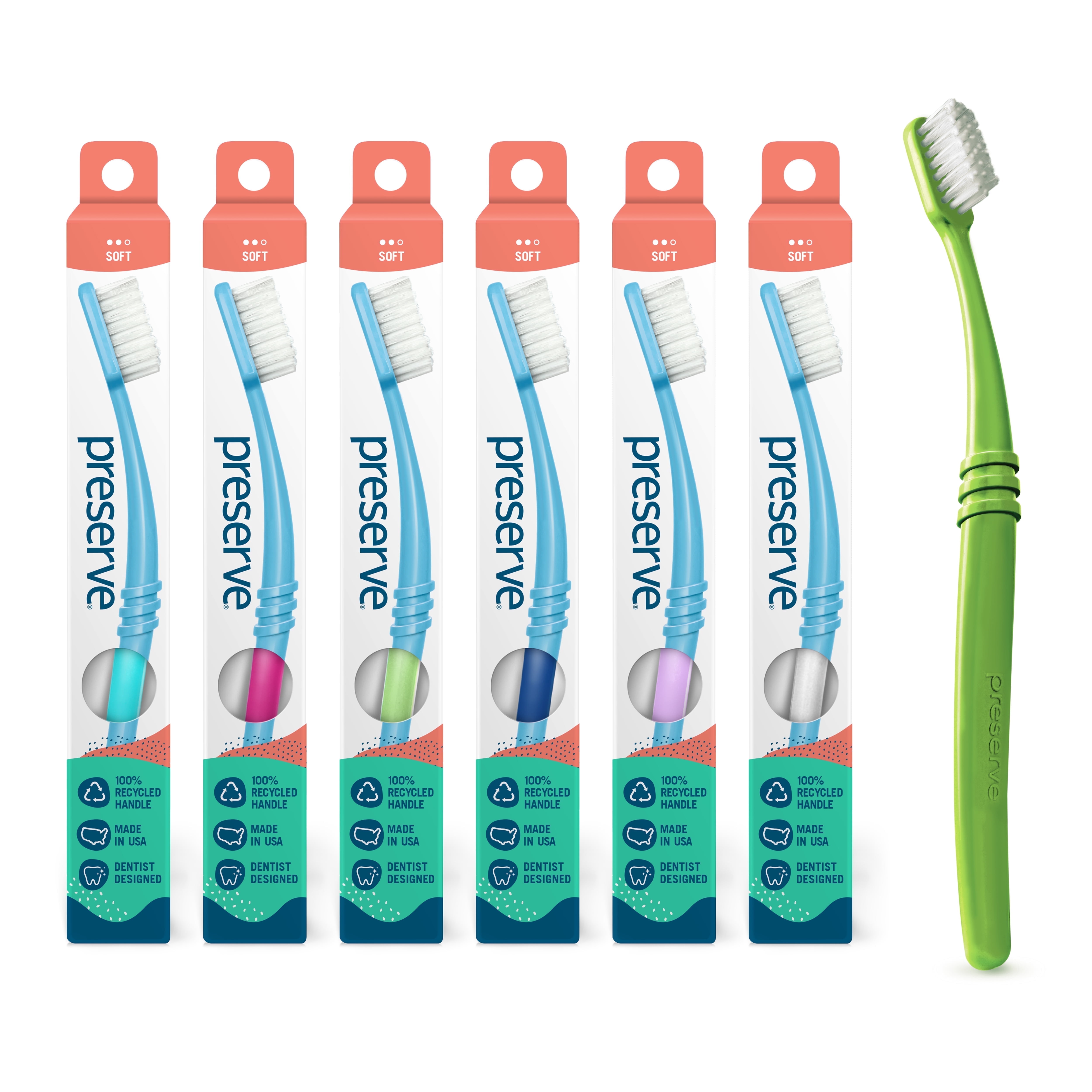 Preserve Eco-Friendly Adult Manual Toothbrush, Soft Bristle, 6 Pack, Assorted Colors