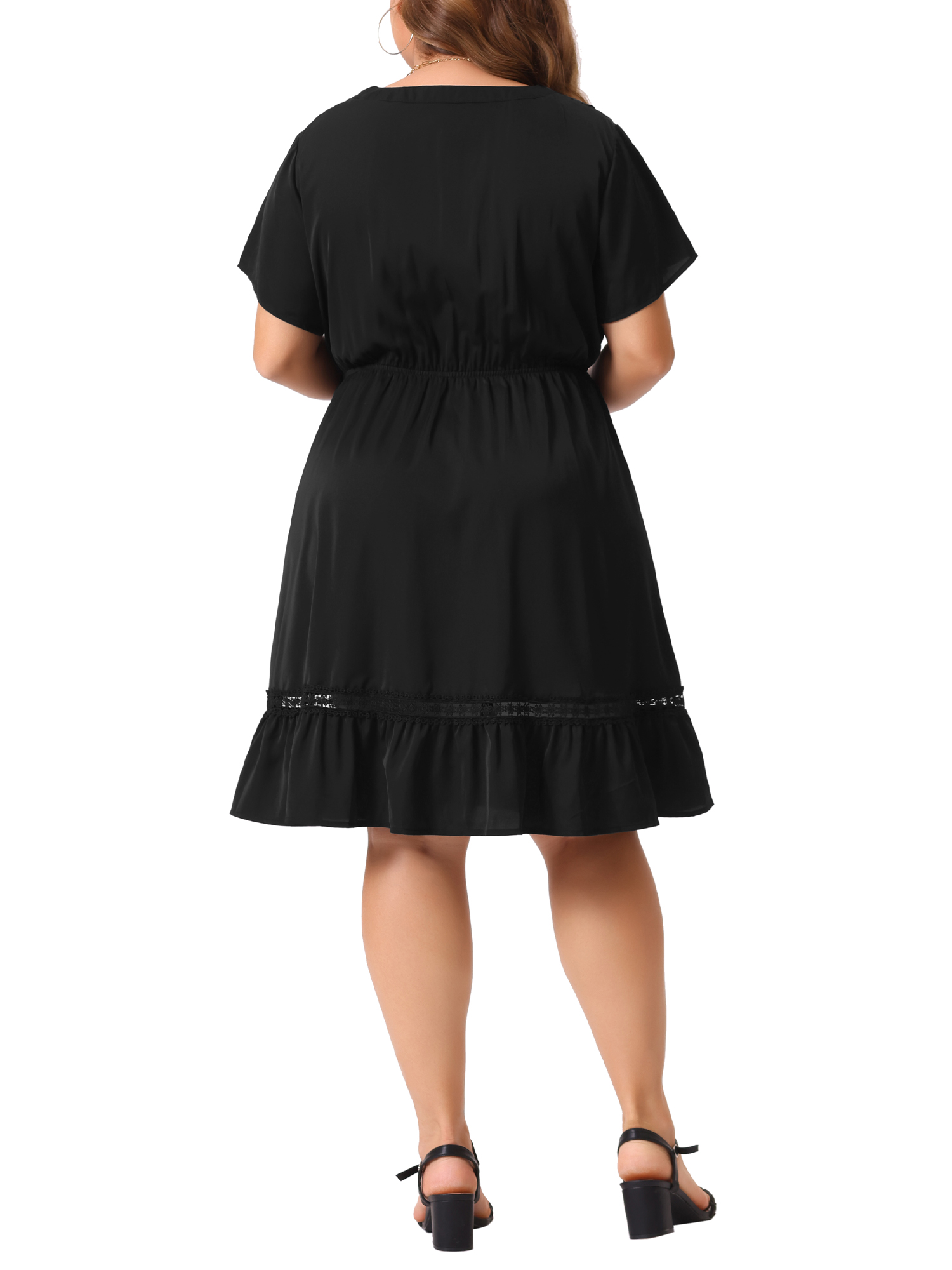DARING DIVA Plus Size Button V Neck Midi Ruffle A Line Swing Dress 4X Black