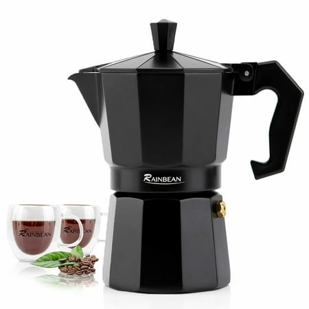 

Stovetop Espresso Maker RAINBEAN 6-Cup Espresso Cup Moka Pot Classic Cafe Maker Percolator Italian Coffee Maker Italian Espresso for Gas or Electric Aluminum Black Gift package with 2 Mugs (12 OZ / 35