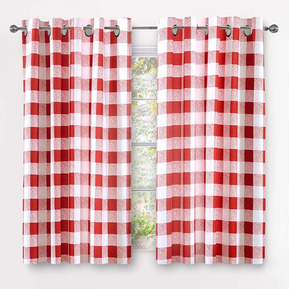 DriftAway Buffalo Checker Pattern Lined Thermal Insulated Blackout and Room Darkening Grommet Window Curtains Printed Plaid 2 Layer Set of 2 Panels 52 Inches by 54 Inches Red