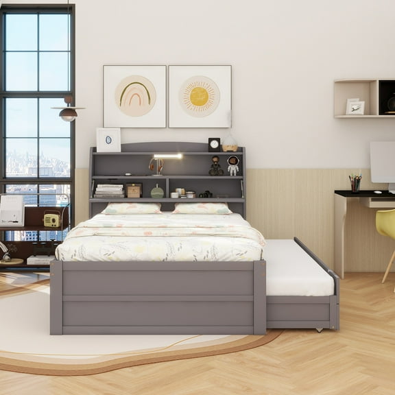 Full Size Wooden LED Platform Bed with Trundle, with Storage Headboard, with Drawers, Gray