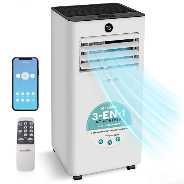 Aire Acondicionado Portátil 8000 BTU con WiFi SereneLife, Pequeño, Modos Frio, Ventilador, Cobertura de 32 M2, Temporizador 24 Horas y Kit de Montaje para Ventana Incluido