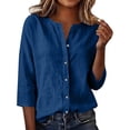 thumbnail image 2 of Women's Casual V Neck Button 3/4 Sleeve Linen Blouse Loose Fit Solid Color Tops for Summer, 2 of 6