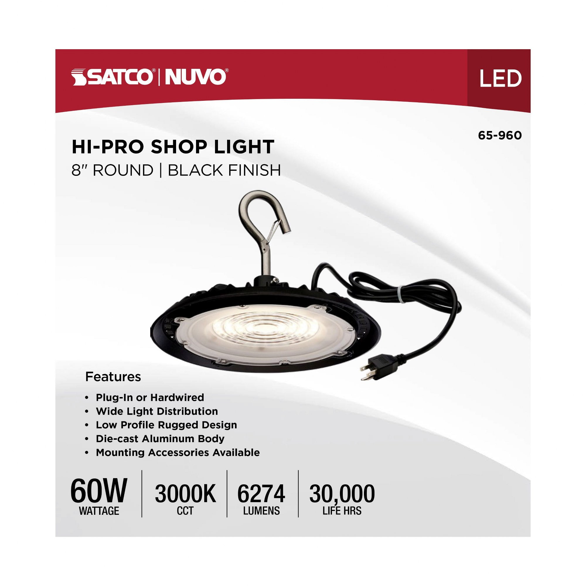 Nuvo Lighting 60 Watt Hi-Pro Shop Light with Plug 8'' Dia. 3000K Black Finish 120 Volt
