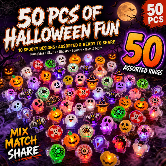 Halloween LED Light Up Rings Bulk - Assorted Flashing Glow Rings Party Favors and Trick-or-Treat Goody Bag Stuffers Glow In the Dark Party Favor Ring Toy Gifts