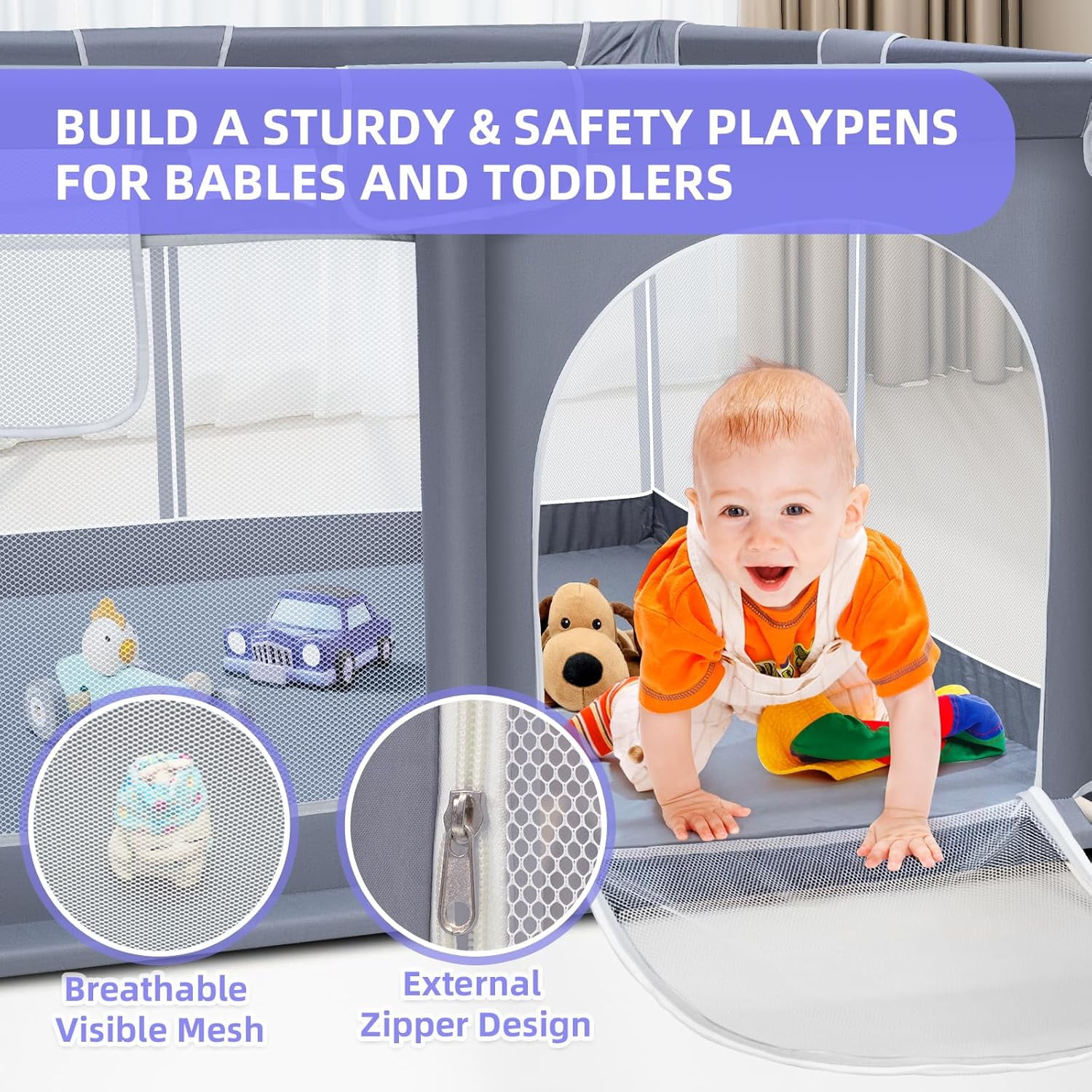 kmaier Baby Play Yards, Large Infant Travel Fence,Sturdy Secure Playpen,for Toddler,Gray