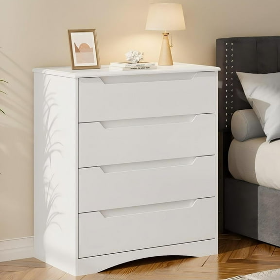 Dresser for Bedroom, 4 Drawer Dresser, Chest of Drawers with Large Storage Capacity, Cutout Handles, Deep Drawers, Smooth Metal Rail, White