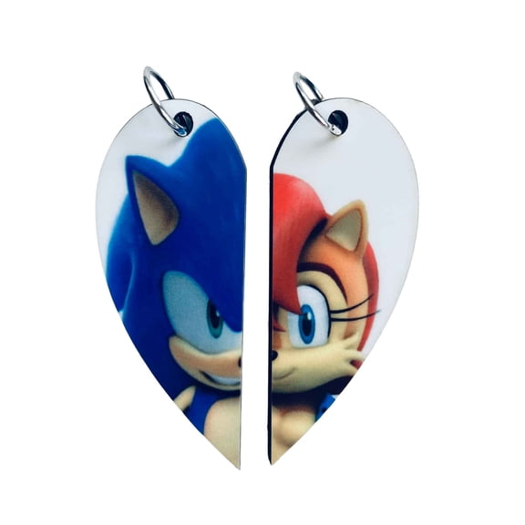 Sonic and Sally Acorn Matching Heart Necklaces Keyrings | Sonic Gamer Couples or BFF Gift | Valentine's Day Gift