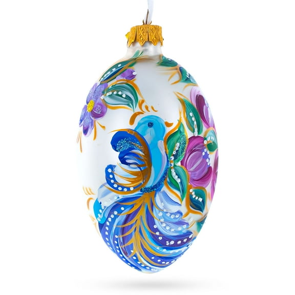 Blye Songbird with Blossoms Glass Egg Ornament 4 Inches