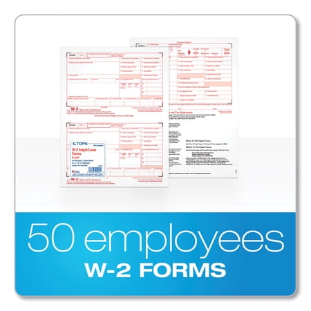 1PC TOPS W-2 Tax Form for Inkjet/Laser Printers, Fiscal Year: 2022, Six-Part Carbonless, 8.5 x 5.5, 2 Forms/Sheet, 50 Forms Total
