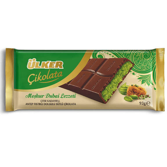 Ulker Famous Dubai Flavor Chocolate Bar 93g – Pistachio Filled Milk Chocolate with Crispy Kadayif, Viral Dubai-Style Treat