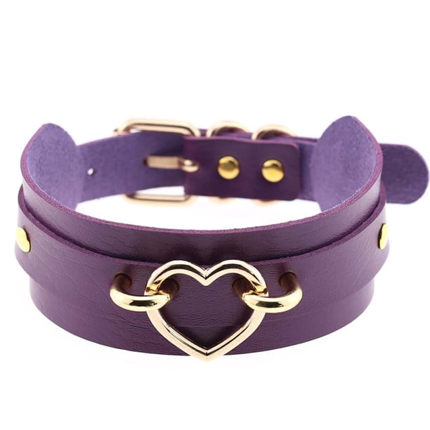 Minnieouse Gargantilla para mujer y niña, collar con corazón, gargantilla de cuero PU para mujer, collar llamativo, joyería, arnés para el Ropa, zapatos y accesorios Miscelánea corazón de oro y morado