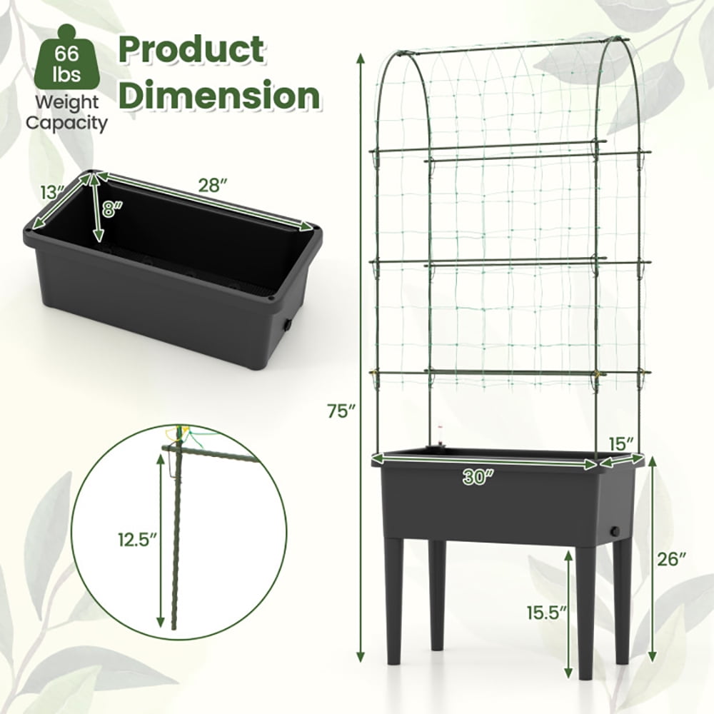 Yardi Yard Self-watering Raised Garden Bed Elevated Planter with Climbing Trellis-Black, Raised Garden Bed for Patio or Yard Gardening