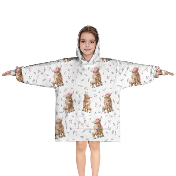 White Highland Cow Floral Pattern Blanket Hoodies for Kids 6-13YR Oversize Wearable Blanket Hoodies for Boys Girls Teens