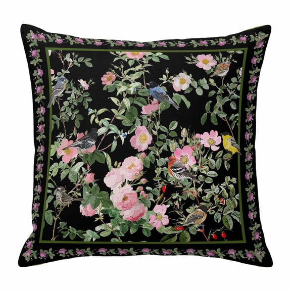 Throw Pillow Covers, Black Spring Floral 16x16 Pillow Covers for Couch/Sofa/Bed, Elegant Pastoral Flowers Birds Watercolor Decorative Square Linen Cushion Pillowcase for Home Decor