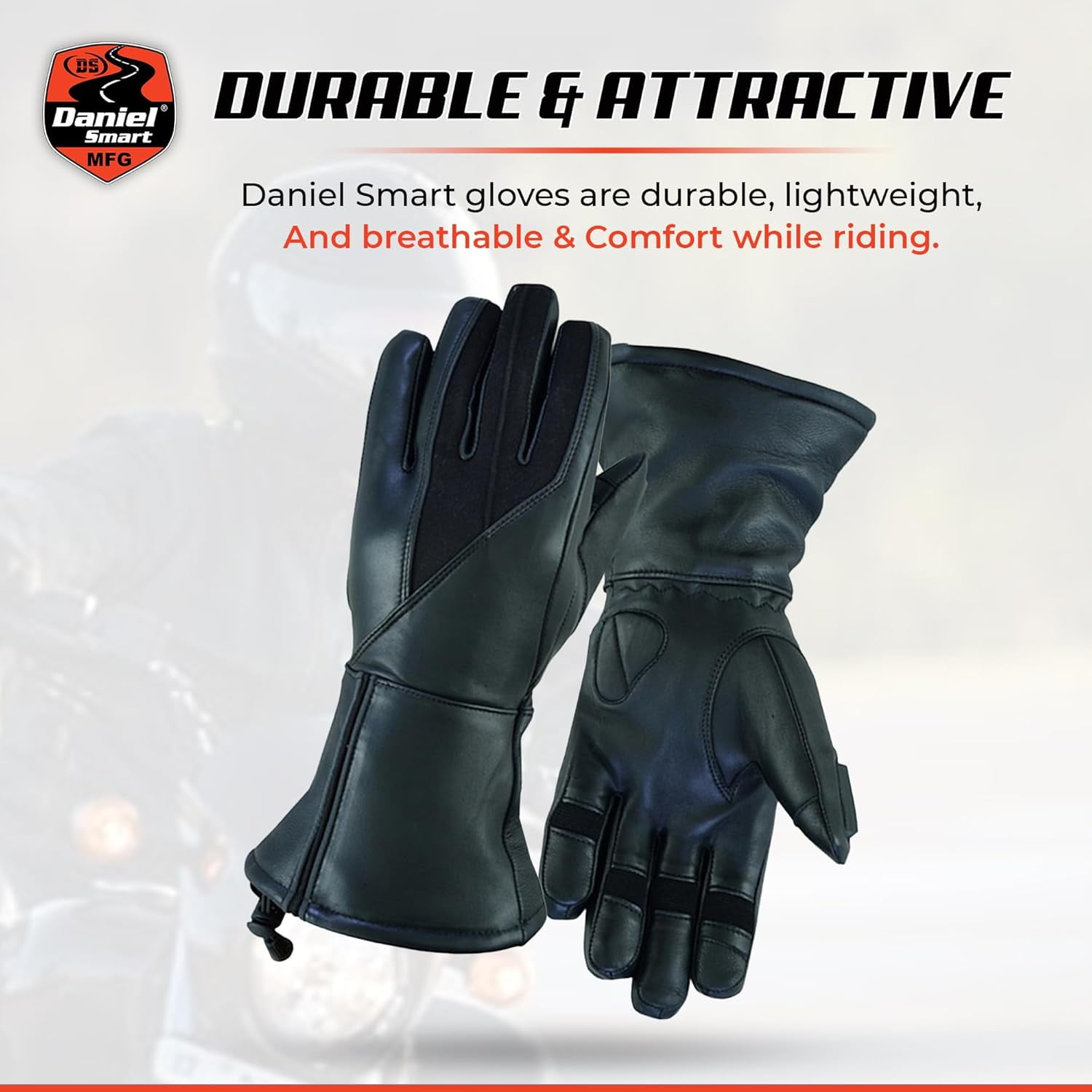 Daniel Smart Motorcycle Leather Winter Gloves Close Out Cow Hide Heavy Duty with Adjustable Wrist Strap and Touch Screen Fingertips- M