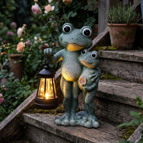 Aonerit 6.5X4.5In Solar Frog Statue, Resin Animal Figurine Light, Outdoor Garden Patio Decor, Auto On Led, Cute Lawn Ornament