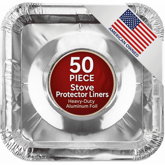 TRBCreation 50-Pack Square Disposable Gas Stove Burner Covers – Heat-Resistant Aluminum Foil Drip Pan Liners, Range Burner Cover