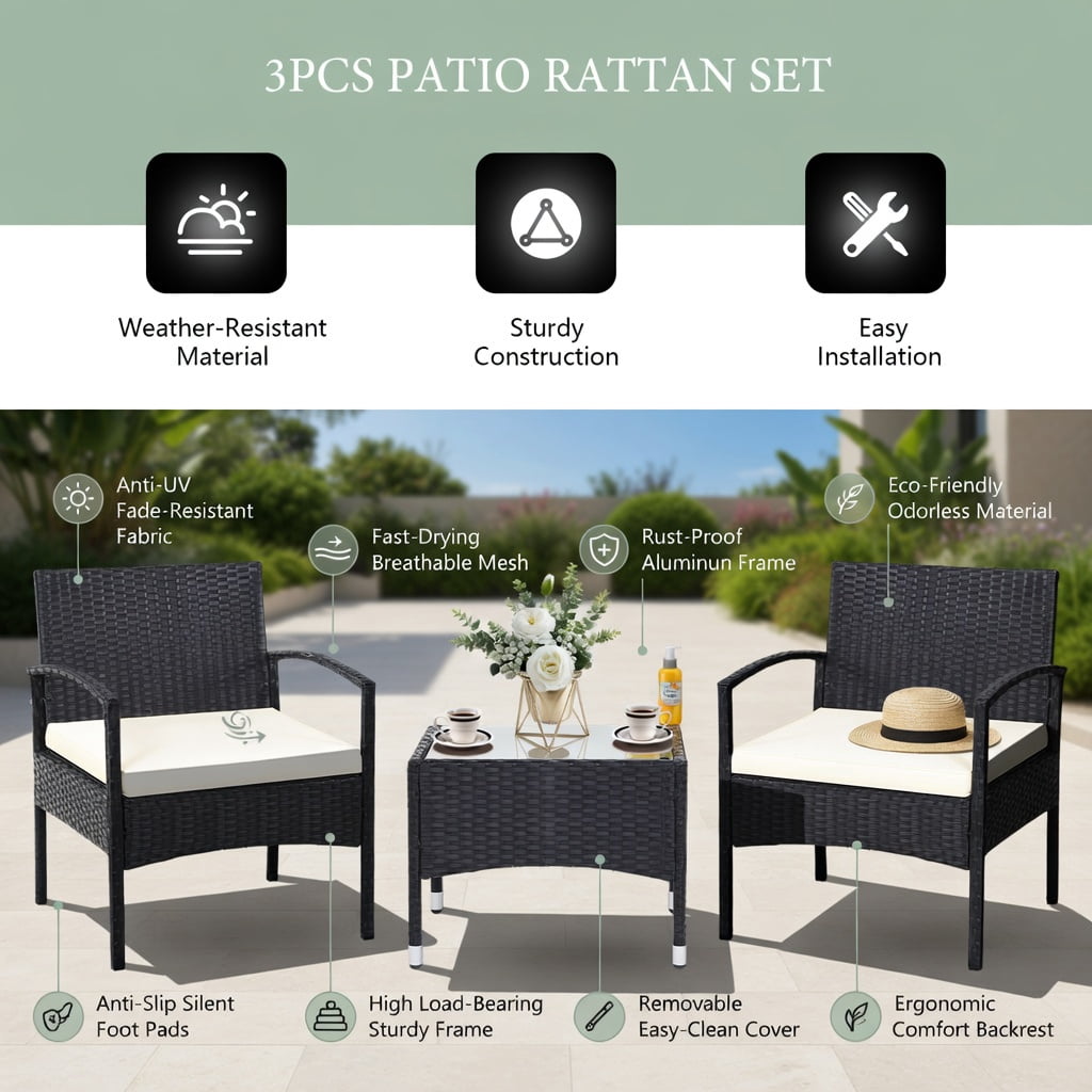 Hommoo 3-Piece Outdoor Wicker Patio Furniture Set, PE Rattan Chairs with Thick Cushions + Tempered Glass Coffee Table, Weather-Resistant for Backyard, Garden & Patio, White