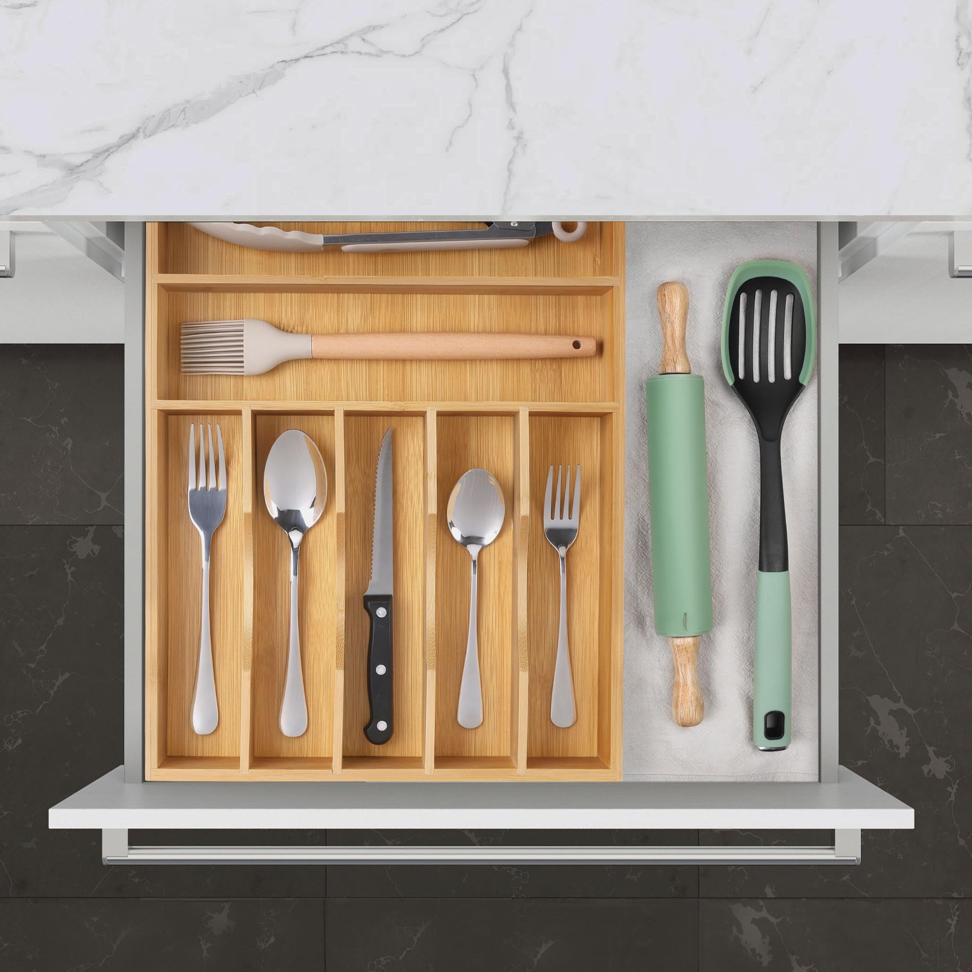Kitchen Silverware Organizer  Drawer - Utensil Holder And Cutlery Tray With Grooved Dividers For Flatware 7 Slot