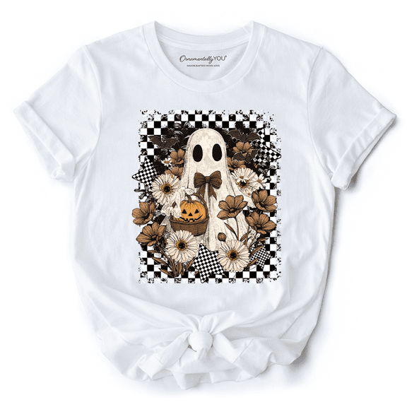 Retro Ghost Floral Halloween T-Shirt, Spooky Vintage Checkered Tee