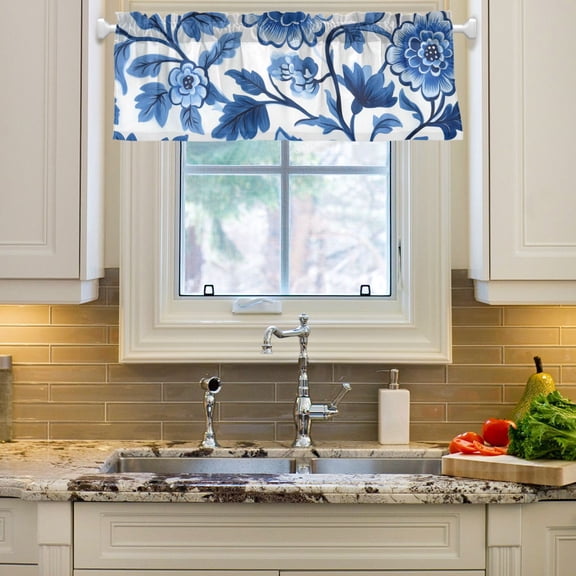 Yayeee Window Valance for Kitchen Farmhouse Rod Pocket Blue Floral Pattern Short Curtain for Living Room