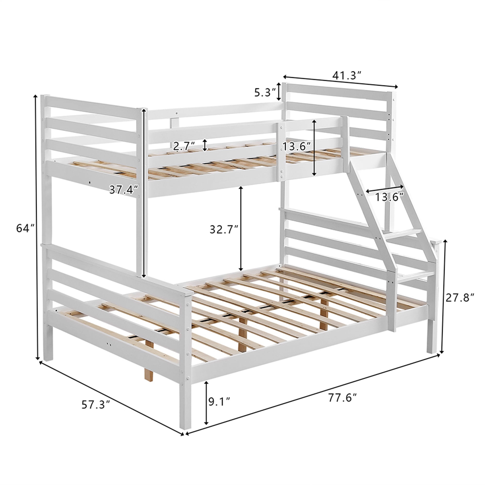 Kadyn Bunk Low Bed with Ladder, Wooden Bunk Bed with Safety Rails for Kids, Teens, Bedroom Furniture that Detaches into a Single Bunk, White Solid Wood Bunk Bed