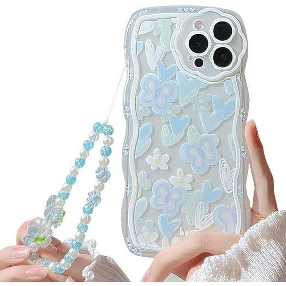 Compatible with iPhone Case,Curly Wavy Shape Cute Kawaii Flower Floral Camera Protection Wristband Strap Bracelet Chain Clear Soft Shockproof Cover Phone Case (White,iPhone 13)