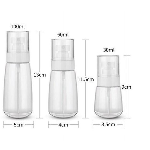 3 piezas, botella de spray de viaje vacía de plástico reutilizable transparente para loción para el cuidado de la piel/spray de maquillaje/perfumes/cosméticos (30 ml, 60 ml, 100 ml)