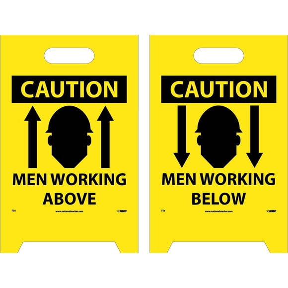 Nmc Fs6 Caution Men Working Above Letrero Con Gráfico: 12 Pulgadas X 19 Pulgadas Letrero De Piso De Doble Cara De Plástico Corrugado Con Negro Sobre Amarillo