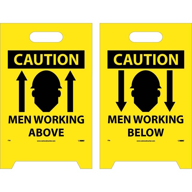 Nmc Fs6 Caution Men Working Above Letrero Con Gráfico: 12 Pulgadas X 19 Pulgadas Letrero De Piso De Doble Cara De Plástico Corrugado Con Negro Sobre Amarillo