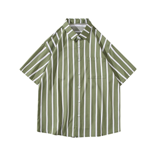 Cárdigan de Manga Corta, Personalidad Casual Raya Impresión Botón Solapa Camisa de Moda para Hombres Hecha de Poliéster Cómodo, Camisas de Manga Corta para Hombre