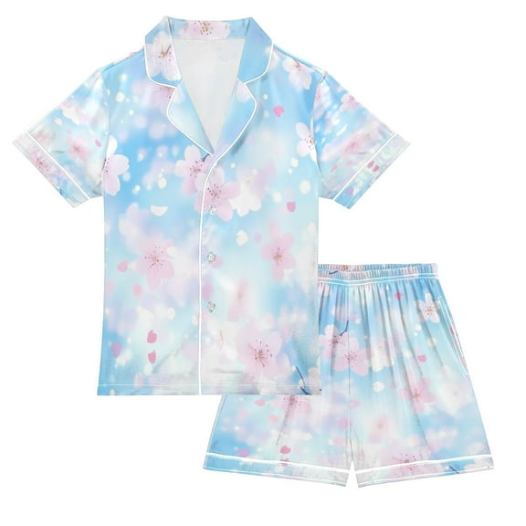 Silky Satin Kids' Pajama Set Breathable & Smooth Unisex Button-Down Pajamas Pastel Blossoms