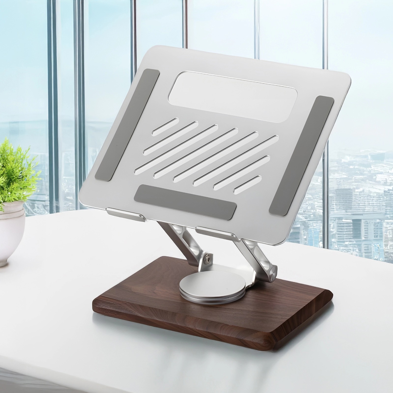 Adjustable Laptop Stand with 360° Rotating Base, Height Adjustable Desk Stand for Laptops, Wooden Foldable Desk Mount with Aluminum Alloy Panel, Ventilated Design for Cooling