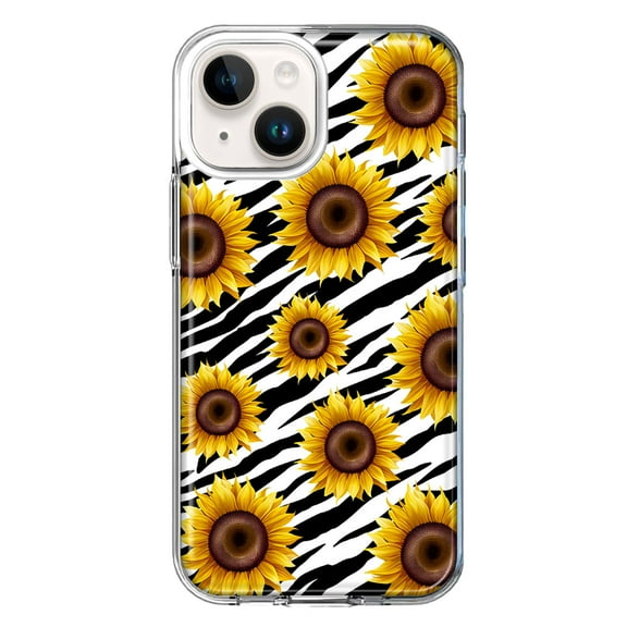 MUNDAZE Case for Apple iPhone 15 Hybrid Shockproof Slim Hard Soft TPU Shell Heavy Duty Protective Phone Cover - White Zebra Sunflowers Polkadots