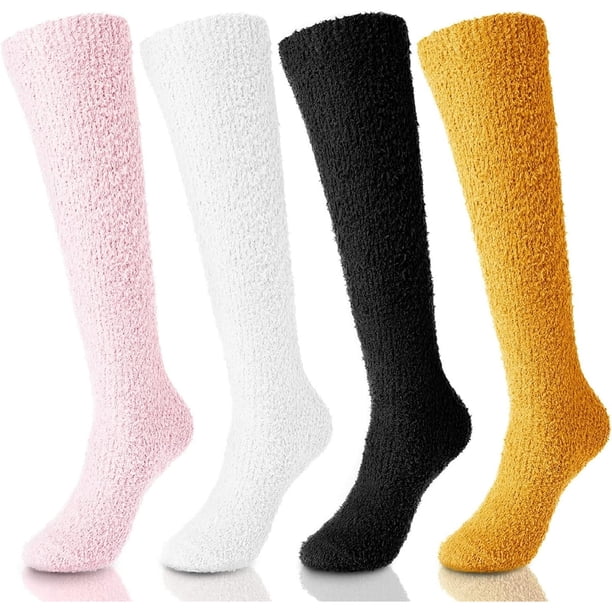 Xiao Hua 4 pares de calcetines de muslo, calcetines de felpa para dormir, calcetines largos y cálidos para mujer, calcetines de pantorrilla de vellón coral, 4 colores